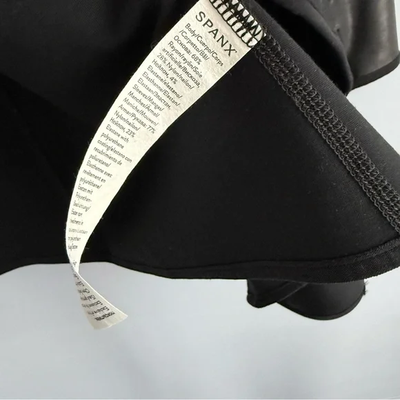 SPANX Faux Leather Sleeve Drape Front Jacket Black L Ponte Moto Blazer 50176R - Picture 12 of 16